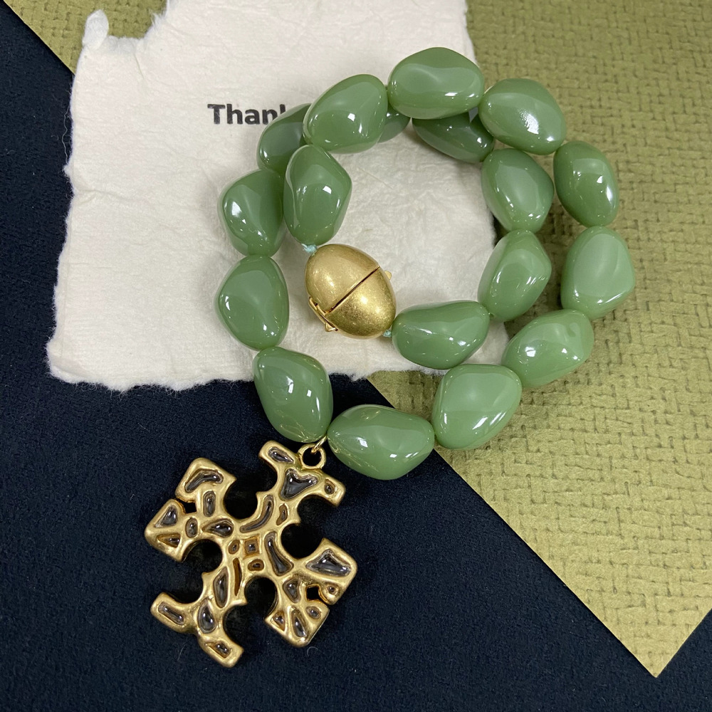 Tory Burch Green Pebble Shape Letter Necklace